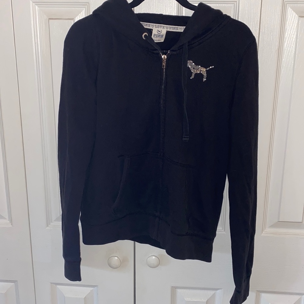 PINK Black zip up jacket with writing on back